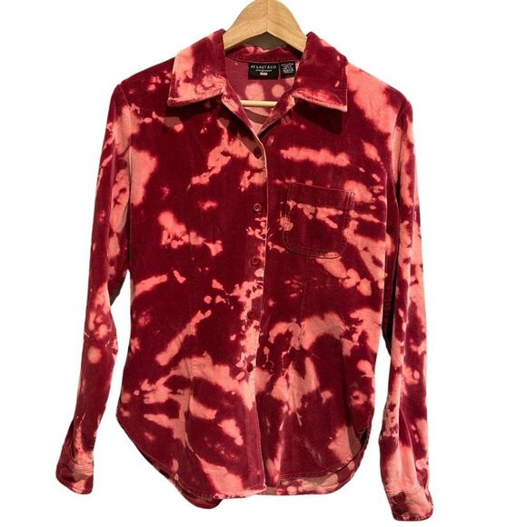 AT LAST & CO JEANSWEAR Y2K PINK TIE DYE BUTTON DOWN VELVET TOP SZ Med - Picture 1 of 6